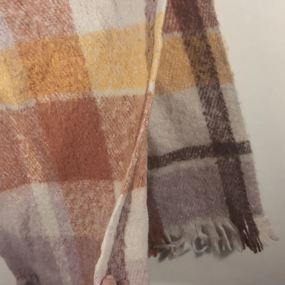 Steve Madden Plaid Blanket Scarf | Oversized Cozy Wrap | Orange & Brown Tones